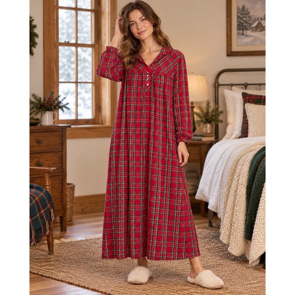 L.L. Bean Other - LL Bean Womens Red Tartan Plaid Cotton Flannel Nightgown Long Christmas Prairie